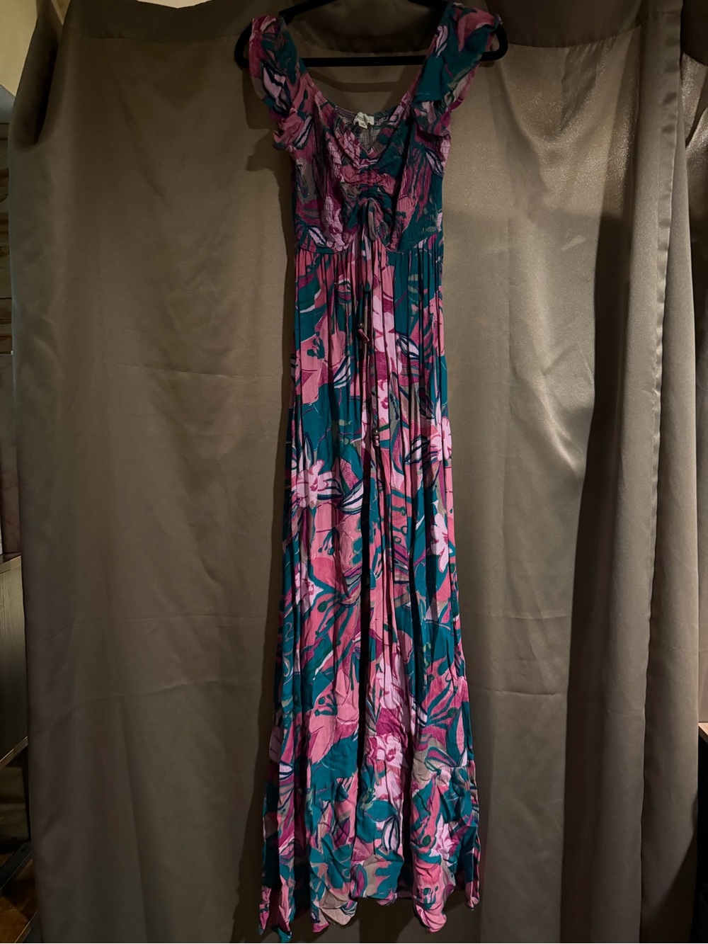 Pink & Teal Floral Maxi Dress with Ruching